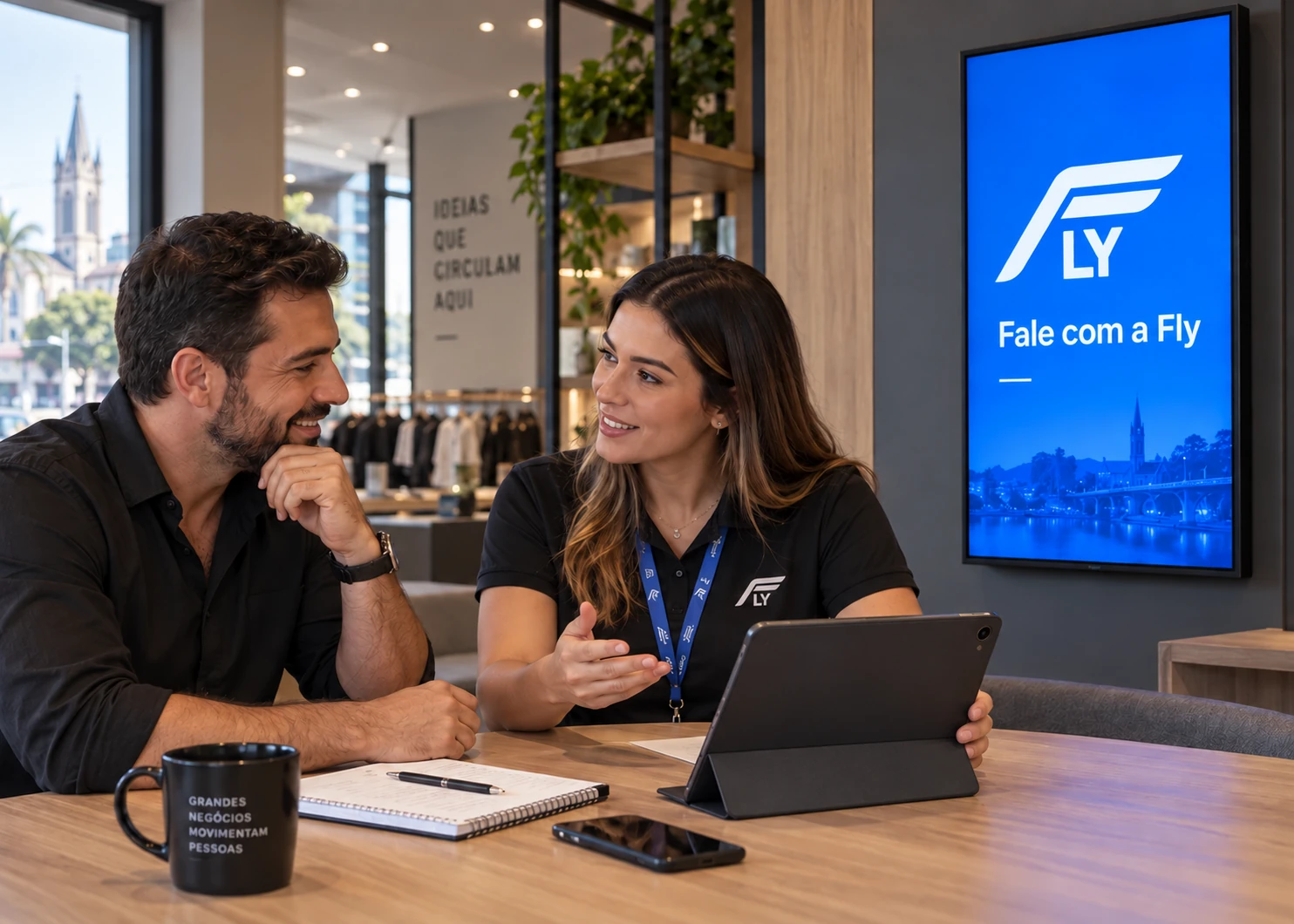 Conversa de planejamento de uma campanha Fly entre dois profissionais