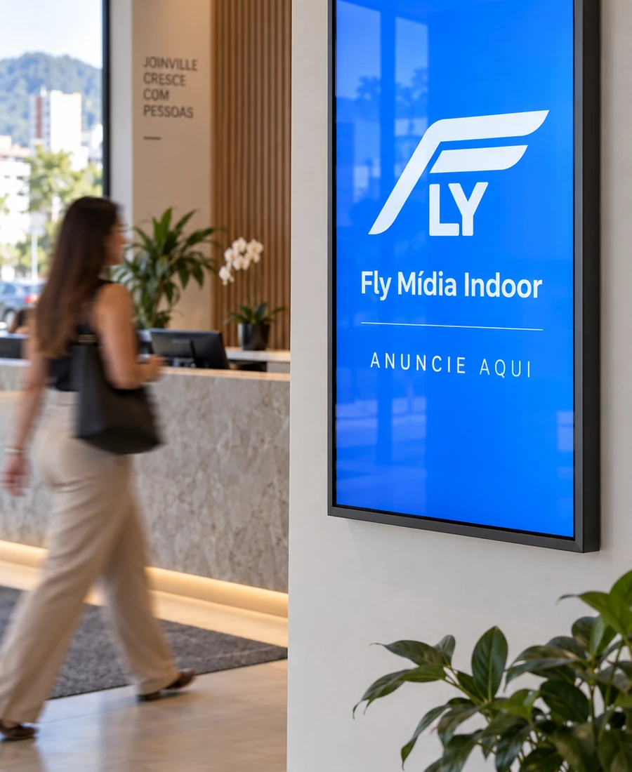 Anúncio em tela vertical na parede de um estabelecimento